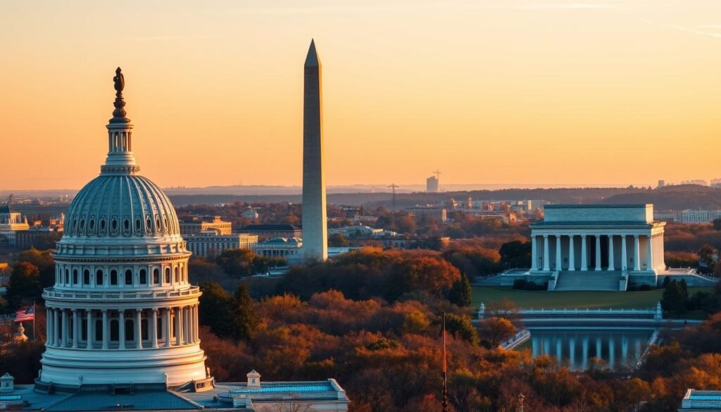A breathtaking panoramic vista of iconic American landmarks, bathed in the warm glow of golden hour. In the foreground, the stately dome of the United States Capitol building stands tall, its white marble gleaming. In the middle ground, the soaring spires of the Washington Monument reach skyward, casting long shadows across the National Mall. In the distance, the majestic Lincoln Memorial comes into view, its grand neoclassical architecture reflecting in the calm waters of the Reflecting Pool. The sky is painted in hues of orange and pink, creating a breathtaking backdrop for this tableau of American history and heritage.