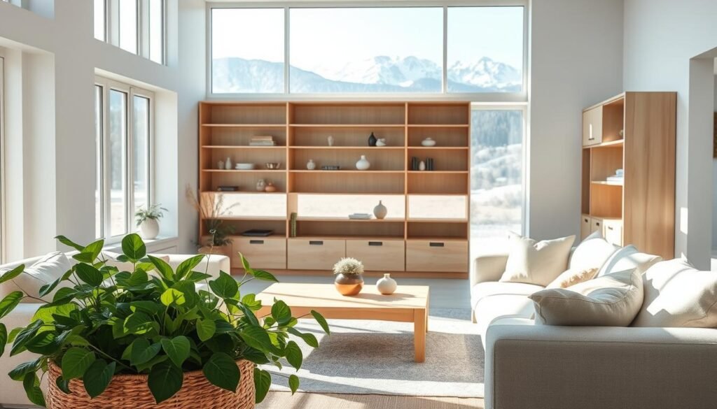A bright, airy Scandinavian living room filled with natural elements. Sunlight streams through large windows, illuminating a minimalist, wooden coffee table surrounded by plush, neutral-toned sofas. In the foreground, a woven basket overflows with lush, green plants, their leaves casting delicate shadows on the whitewashed walls. The middle ground features a sleek, floor-to-ceiling bookshelf made of pale, unfinished timber, accented with small, decorative vases and ceramic sculptures. The background showcases a panoramic view of a serene, snow-capped mountain range, creating a tranquil and harmonious atmosphere.