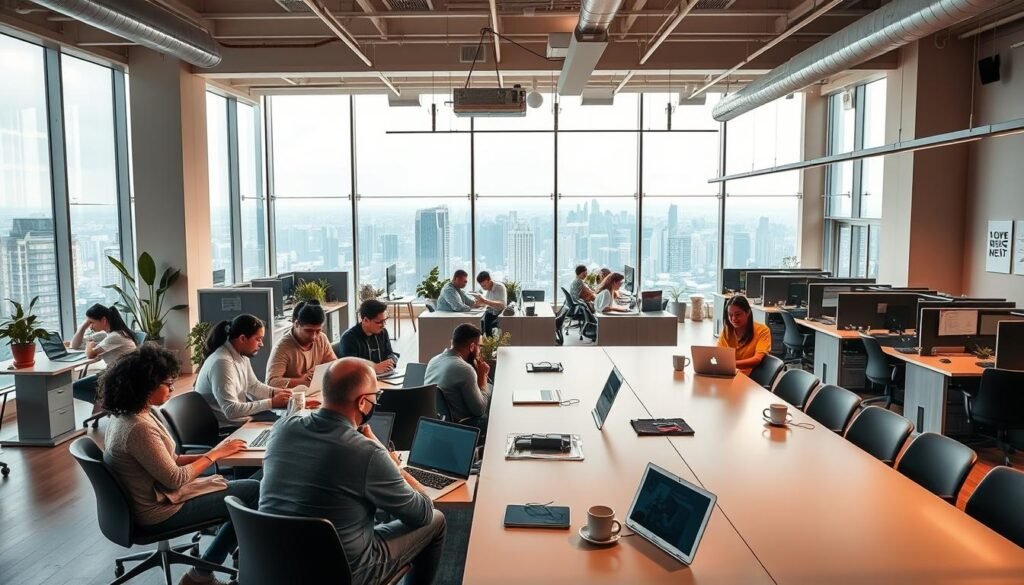 A bustling coworking space, flooded with natural light and vibrant energy. In the foreground, a group of digital nomads collaborate around a sleek conference table, laptops and coffee mugs scattered before them. The middle ground features a mix of private workstations, each personalized with plants, artwork, and inspirational quotes. In the background, floor-to-ceiling windows offer a panoramic view of a bustling city skyline, hinting at the global connectivity that empowers this remote workforce. Warm, diffused lighting casts a sense of focus and productivity, while the modern, minimalist aesthetic conveys a sense of sophistication and innovation. This is the canvas for finding your niche in the remote economy.