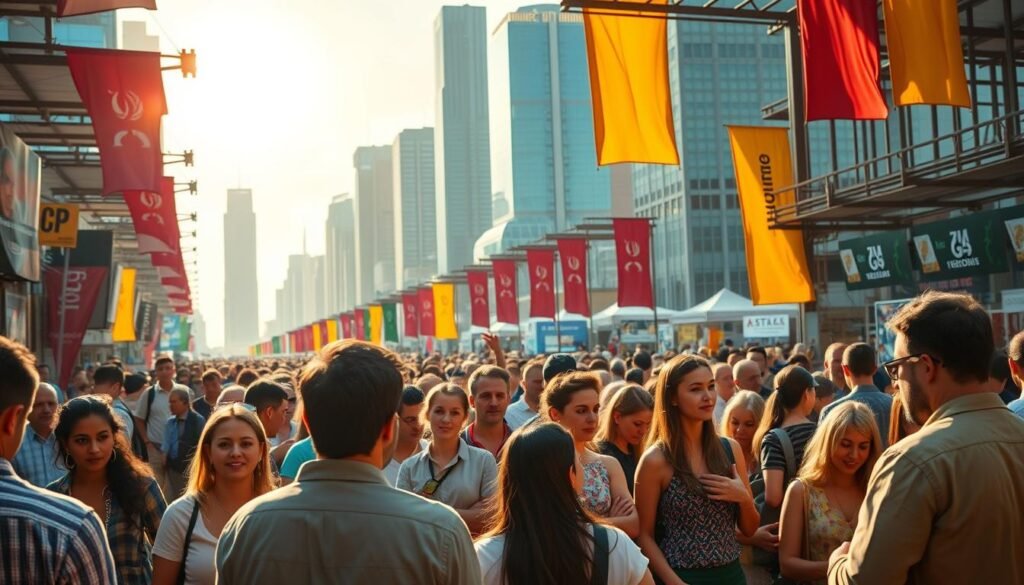 A bustling marketplace filled with prospective customers, vibrant colors, and dynamic energy. In the foreground, a group of entrepreneurs pitch their services, using persuasive body language and engaging presentations. In the middle ground, potential clients nod attentively, weighing their options. The background is a blend of towering skyscrapers, billowing flags, and a warm, golden light illuminating the scene, conveying a sense of opportunity and growth. The overall atmosphere is one of excitement, collaboration, and the thrill of expanding a burgeoning online business.