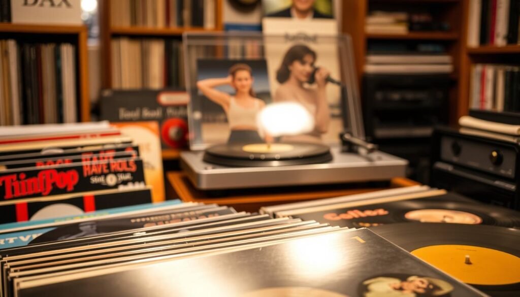 A collection of classic vinyl record albums in a warm, retro setting. In the foreground, several iconic album covers - rock, pop, soul, and jazz - are stacked and arranged with care, their vibrant colors and textured surfaces reflecting the quality and craftsmanship of the vinyl format. In the middle ground, a vintage turntable rests on a wooden surface, its sleek lines and brushed metal details adding to the nostalgic atmosphere. The background is softly lit, with hints of bookshelves and other musical memorabilia, creating a cozy, lived-in ambiance that evokes the experience of immersing oneself in the world of analog music.