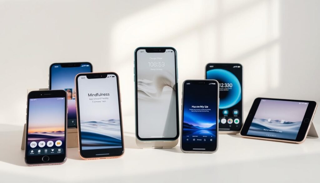 A collection of sleek, modern mobile devices displaying various mindfulness and mental health apps, arranged on a minimalist desk with a clean, light-filled background. The apps feature calming interfaces with soothing colors, serene imagery, and intuitive controls. Soft, diffused lighting casts a warm glow, creating a sense of tranquility. The overall composition conveys a feeling of digital wellness and a retreat from the stresses of everyday life.