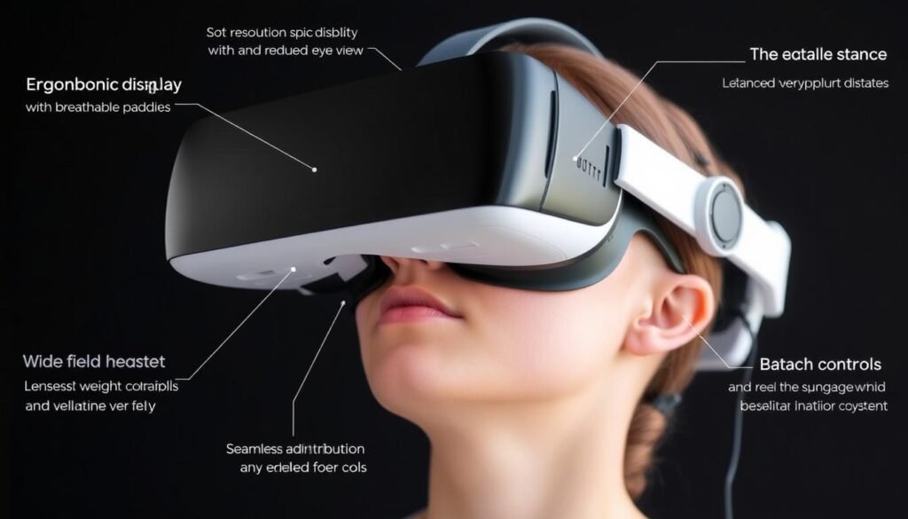 A comfortable, well-designed VR headset with an ergonomic shape, adjustable straps, and soft, breathable padding. The headset features a high-resolution display with a wide field of view, delivering an immersive visual experience. The lenses are optimized for clarity and reduced eye strain, while the adjustable interpupillary distance ensures a perfect fit. The headset's balanced weight distribution and ventilation system keep the user cool and comfortable during extended VR sessions. The intuitive controls and seamless integration with the VR system create a seamless, user-friendly experience, allowing the user to fully engage with the virtual environment.