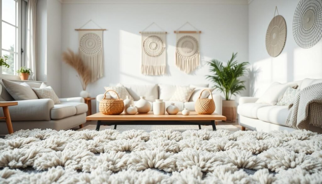 A cozy Scandinavian living room, bathed in soft, natural light. The foreground features a plush, textured wool rug in a neutral palette, its fibers catching the gentle illumination. In the middle ground, a wooden coffee table showcases a collection of ceramics and woven baskets, their surfaces revealing the subtle variations of handcrafted textures. Beyond, the walls are adorned with minimalist, geometric wall hangings, their patterns creating a calming, harmonious rhythm. The atmosphere is one of understated elegance and refined simplicity, inviting the viewer to imagine the soothing, serene ambiance of a Scandinavian design aesthetic.