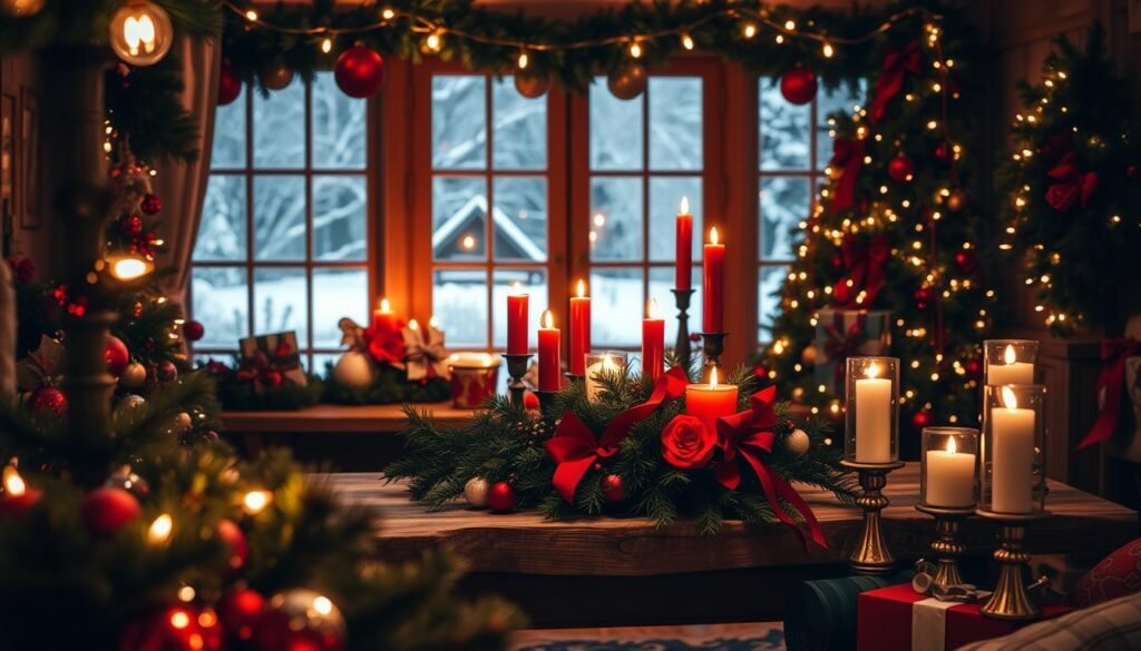 A cozy and festive seasonal scene, illuminated by the warm glow of string lights. In the foreground, an artfully arranged display of holiday ornaments, garlands, and candles in rich, jewel-toned colors. The middle ground features a rustic wooden table, adorned with a lush, evergreen centerpiece and accented by classic red and green accents. In the background, a window frame the view of a snowy winter landscape, creating a sense of tranquility and wonder. The overall mood is one of elegance and inviting charm, capturing the essence of holiday decor that celebrates the changing seasons with style.