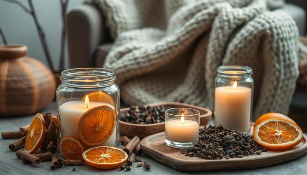 A cozy and inviting home fragrance scene. In the foreground, a glass jar filled with natural soy wax candles, their flames flickering softly. Surrounding the jar, an assortment of dried orange slices, cinnamon sticks, and cloves, their warm, earthy scents wafting through the air. In the middle ground, a wooden tray holds a selection of fragrant tea leaves, their aromas mingling with the candle's gentle glow. In the background, a plush, oversized knit blanket drapes over a comfortable armchair, inviting one to curl up and savor the enveloping ambiance. Soft, diffused lighting casts a welcoming glow, creating a serene and calming atmosphere.