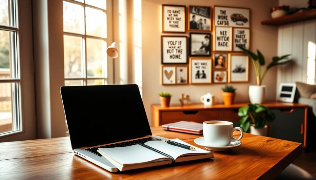 A cozy home office setup with a laptop, notebook, and a cup of coffee on a wooden desk. Warm, natural lighting filters through the window, casting a soft glow on the scene. In the background, a gallery wall displays inspirational quotes and images, hinting at the creative process of blogging. The overall atmosphere is welcoming and inviting, encouraging the viewer to imagine themselves as a budding blogger, ready to build their online audience.