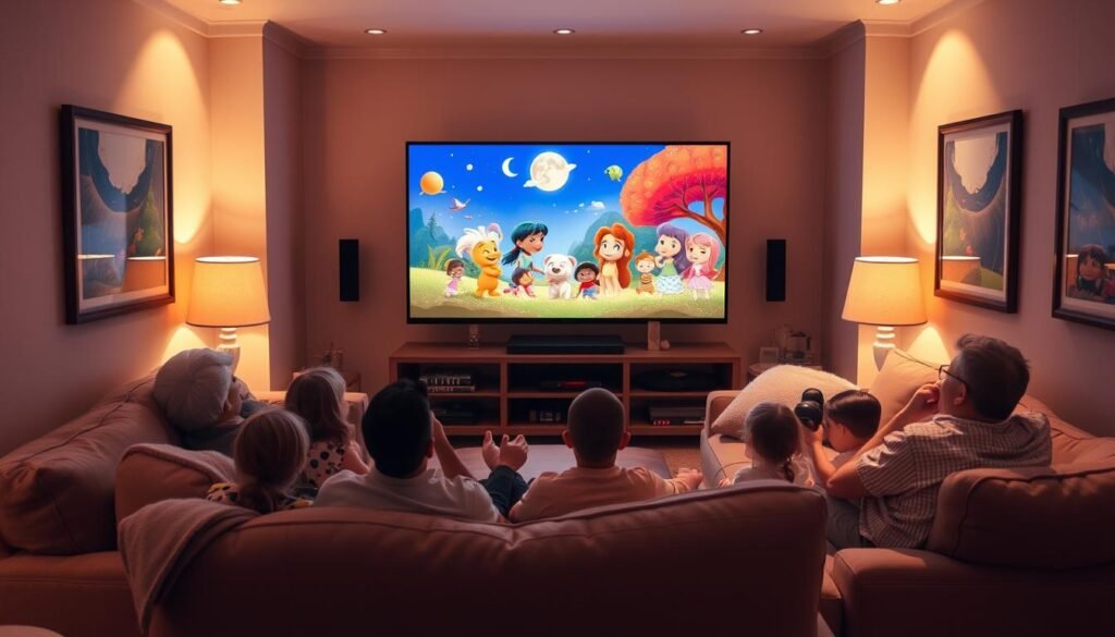 A cozy living room in 2025, bathed in warm, soft lighting. On the TV screen, vibrant, family-friendly animated characters are engaged in whimsical adventures, capturing the attention of a diverse group of children and parents snuggled on plush sofas. Framed artwork adorns the walls, reflecting themes of togetherness, imagination, and wonder. The room is filled with an atmosphere of comfort, joy, and a sense of timeless, multigenerational appeal - a perfect setting to showcase the top streaming shows and movies for all ages in the year 2025.