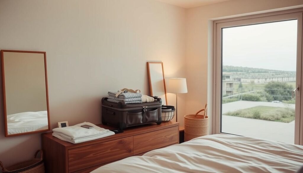 A cozy, minimalist bedroom with a compact suitcase on a wooden dresser, surrounded by neatly folded clothes and travel essentials. Warm, diffused lighting casts a soft glow, highlighting the neutral color palette and clean lines of the capsule wardrobe pieces. In the background, a large window overlooks a serene outdoor scene, suggesting the freedom and flexibility of traveling light. The overall atmosphere evokes a sense of effortless style, organization, and the ability to transition seamlessly between home and away.