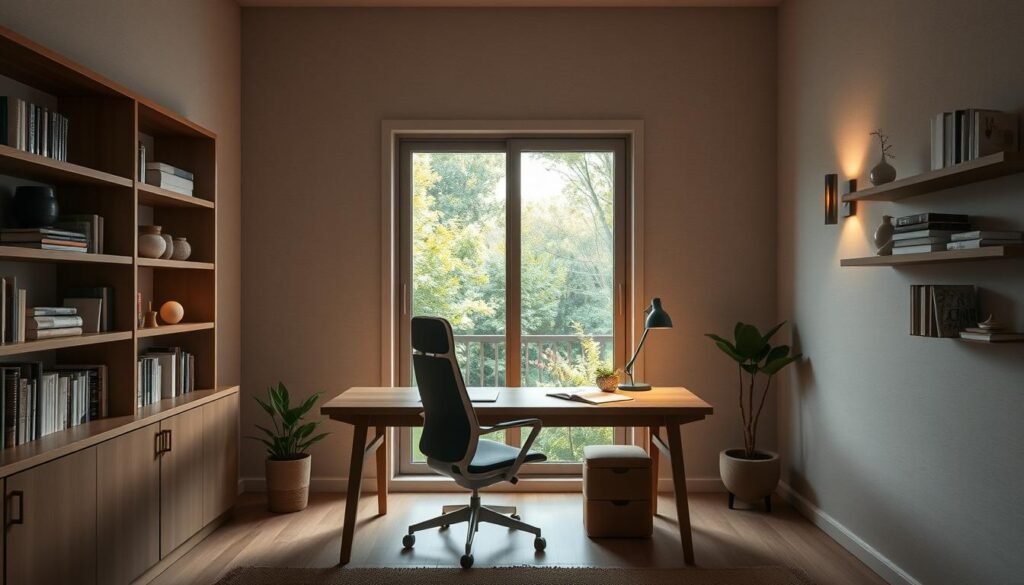 A cozy, minimalist home office with an abundance of natural light. A wooden desk with a clean, Scandinavian design sits in the foreground, accompanied by a comfortable, low-profile ergonomic chair. Shelves along the walls display carefully curated books and small zen-inspired decorative pieces. The middle ground features a large window overlooking a tranquil garden, allowing the outside greenery to become part of the interior. Subtle ambient lighting from wall sconces and a small desk lamp create a warm, soothing atmosphere. The background is a neutral-toned, textured wall, providing a calming backdrop for this serene, focused workspace.