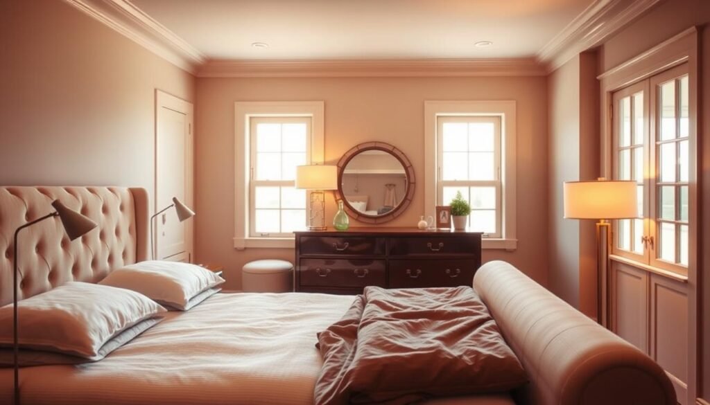 A cozy, well-appointed bedroom with warm, inviting lighting. In the foreground, a plush, tufted headboard in a neutral tone frames a comfortable bed dressed in soft, textured linens. Nightstands with sleek, minimalist lamps flank the bed, creating a balanced, symmetrical composition. The middle ground features a stylish, wooden dresser with subtle brass hardware, complemented by a decorative mirror or piece of artwork above. In the background, a pair of large windows allow natural light to filter in, casting a gentle glow throughout the space. The overall atmosphere is one of tranquility and relaxation, with carefully curated decor elements that reflect the homeowner's personal style.
