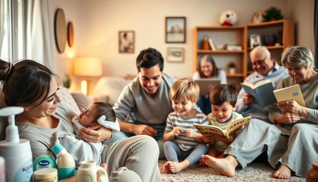 A cozy, well-lit domestic scene depicting the diverse micro-niches of modern parenting. In the foreground, a young mother tenderly cradles her newborn, surrounded by an array of infant care products. In the middle ground, a father plays with his toddler, their laughter and joy radiating outward. The background showcases various parenting activities: a family gathered around a laptop for online learning, a child reading a book, and grandparents sharing a meal with their extended family. Soft, warm lighting illuminates the scene, conveying a sense of comfort and intimacy. The overall atmosphere is one of inclusivity, highlighting the multifaceted nature of parenting in the 21st century.