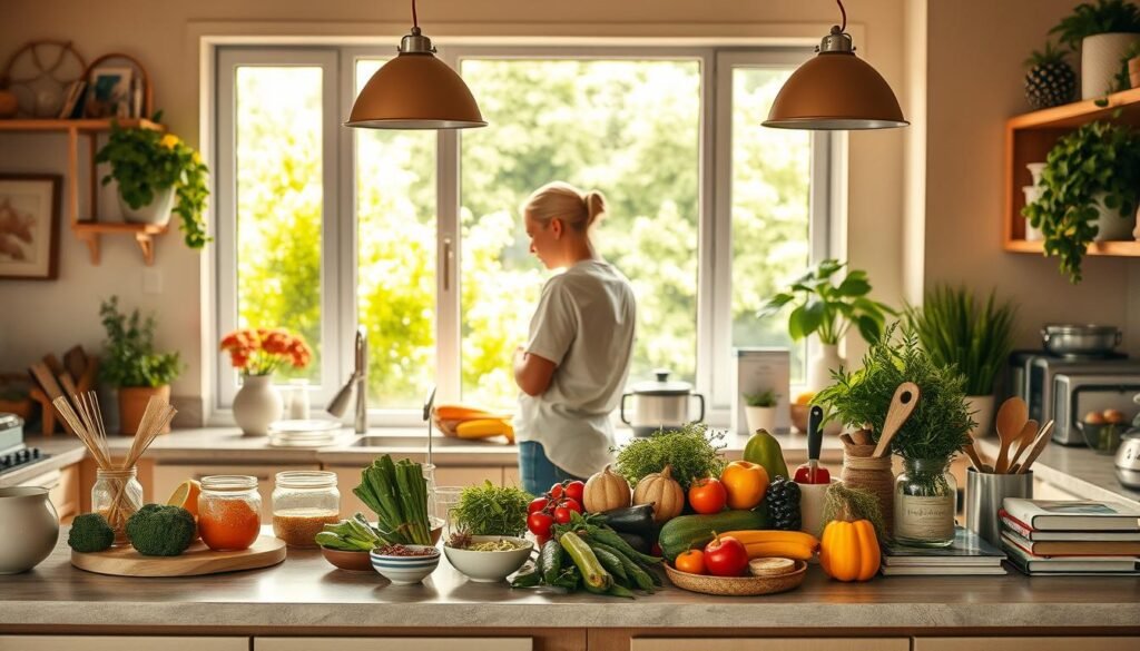 A cozy, well-lit home interior with a kitchen counter in the foreground. On the counter, a variety of fresh ingredients, kitchen tools, and cookbooks arranged in an aesthetically pleasing manner. In the middle ground, a person standing at the counter, carefully selecting items and mentally planning a meal. The background features a large window overlooking a lush, green garden, bathing the scene in warm, natural light. The overall atmosphere conveys a sense of mindfulness, efficiency, and a joy for smart, cost-effective cooking.