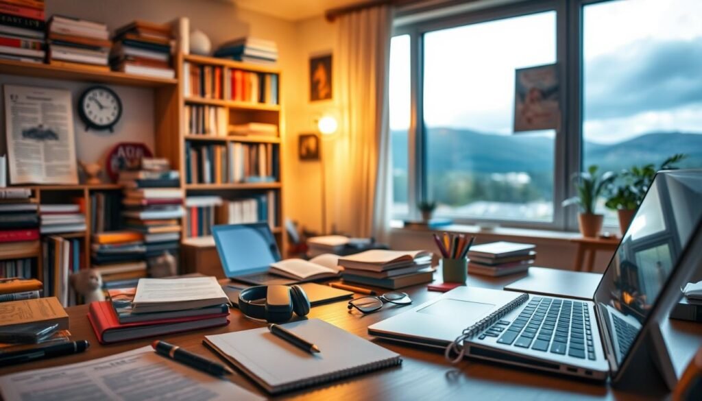 A cozy, well-lit study filled with books, learning materials, and personal mementos. In the foreground, a desk with a laptop, pen, and notebook, suggesting a personalized learning experience. The middle ground features various educational tools and resources, such as a tablet, headphones, and colorful stationery, creating a sense of a tailored learning environment. The background showcases a large window overlooking a serene landscape, conveying a tranquil and inspiring atmosphere for focused study. Warm, soft lighting casts a gentle glow, and the scene is captured with a shallow depth of field, emphasizing the intimate and personalized nature of the learning space.