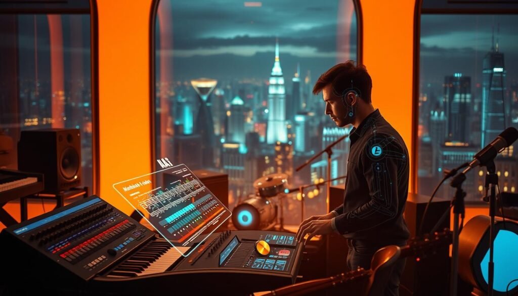 A creative, futuristic scene of AI-powered music production. In the foreground, a human composer collaborates with a sleek, intelligent music assistant, its holographic interface displaying a dynamic, color-coded score. In the middle ground, advanced synthesizers and sound modules blend seamlessly with organic instruments, the room bathed in a warm, ambient glow. In the background, a panoramic cityscape of towering skyscrapers and glowing holograms, hinting at the boundless possibilities of AI-augmented creativity. The scene conveys a sense of wonder, innovation, and the seamless integration of human and artificial intelligence in the art of music creation.