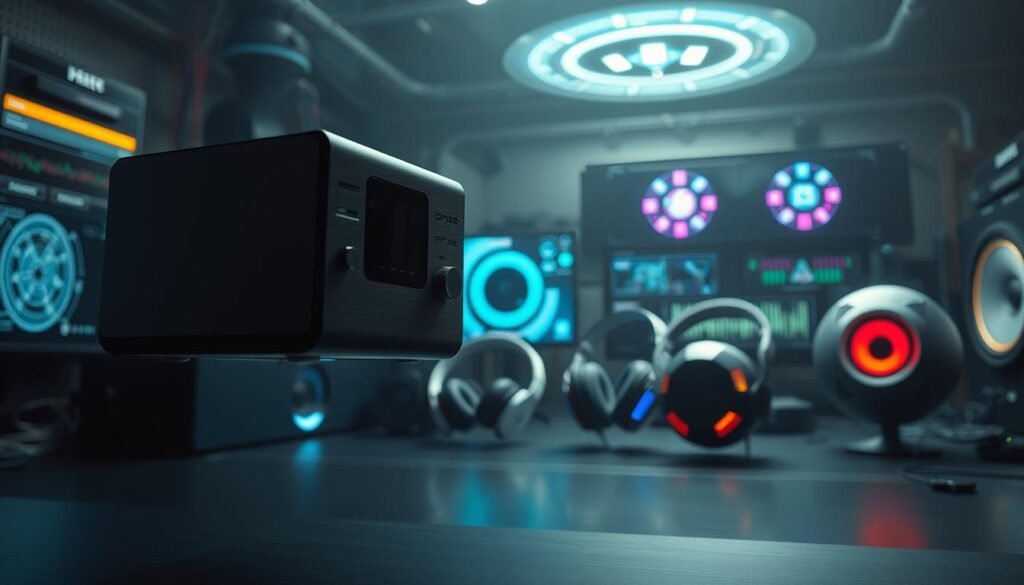 A cutting-edge audio device prototype hovers in the foreground, its sleek brushed-metal casing and backlit controls emanating an aura of futuristic elegance. In the middle ground, an array of innovative headphones and speakers showcase vibrant, immersive soundscapes, their geometric designs hinting at the advanced audio technologies within. The background reveals a dimly lit, high-tech laboratory setting, with holographic displays and diagnostic equipment hinting at the meticulous engineering process behind these revolutionary audio innovations. Soft, dramatic lighting creates an atmosphere of anticipation and discovery, inviting the viewer to imagine the transformative sonic experiences these devices will unlock.