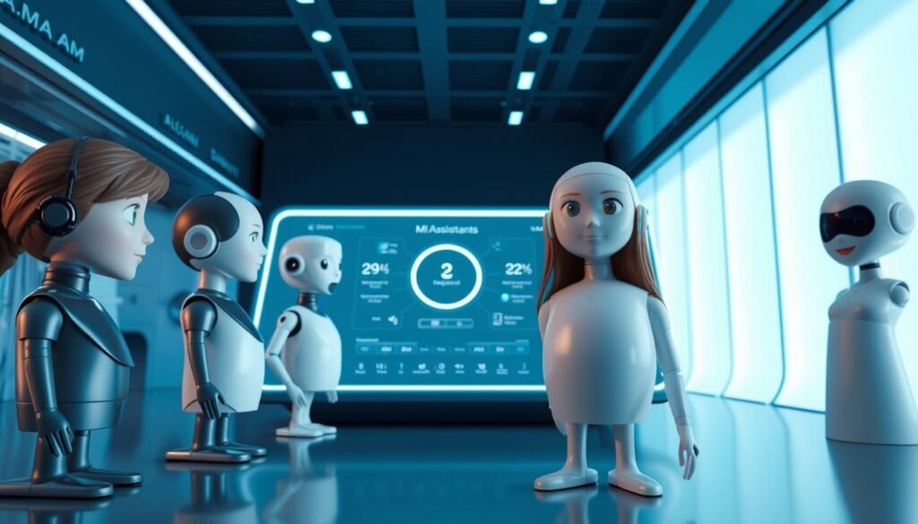 A detailed comparison of virtual assistants, showcased in a three-dimensional environment. In the foreground, lifelike renderings of popular AI assistants, each with distinct visual characteristics and personas. The middle ground features a minimalist, futuristic control panel, allowing for intuitive interaction and task management. The background depicts a sleek, high-tech interior, bathed in a cool, blue-hued lighting, creating a sense of technological sophistication. The scene is captured with a wide-angle lens, emphasizing the scale and scope of the virtual assistant landscape, while the lighting and camera angle convey a sense of authority and professionalism, suitable for an informative article on home assistant performance.