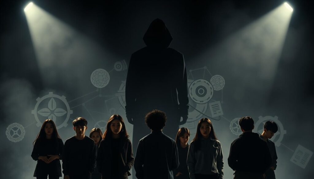 A dimly lit, high-contrast scene depicting the challenges facing the K-pop industry. In the foreground, a group of young aspiring K-pop artists stand with worried expressions, facing an imposing, shadowy figure representing the industry's pressures and demands. In the middle ground, a tangled web of corporate logos, contracts, and legal documents symbolize the complex business landscape. The background is hazy, with a sense of uncertainty and unease, as if the future of K-pop is shrouded in uncertainty. The lighting is dramatic, with harsh shadows and highlights, creating a sense of tension and unease. The overall mood is one of apprehension and the feeling that the K-pop industry is at a crossroads, facing significant challenges on the path to global domination.