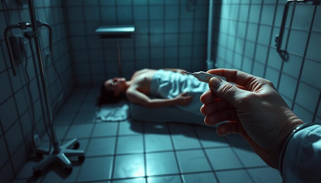 A dimly lit medical examination room, cold metal instruments cast long shadows on tiled floors. A patient lies shivering, skin reddened from exposure, a worried expression on their face. In the foreground, a doctor's hands hold a thermometer, brow furrowed in concentration. The atmosphere is somber, with a sense of caution and unease. The image conveys the potential risks and considerations of cold therapy, highlighting the importance of proper medical supervision and precautions.