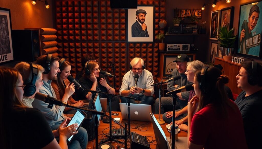 A diverse group of podcast enthusiasts gathered in a cozy, dimly-lit studio, their faces illuminated by the warm glow of microphones and laptop screens. In the foreground, a lively discussion unfolds, with animated gestures and engaged expressions. In the middle ground, a wall of sound-absorbing panels creates a professional atmosphere, while the background features a mix of vintage audio equipment, potted plants, and artwork reflecting the eclectic interests of the community. The overall scene conveys a sense of camaraderie, creativity, and a shared passion for the art of podcasting.