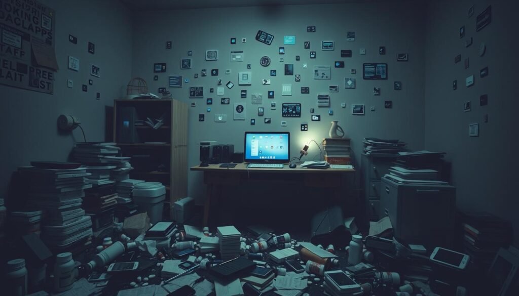 A dreary, dimly-lit room with a cluttered desk, overflowing with smartphones, tablets, and wearable devices. Stacks of discarded medication bottles and crumpled paper litter the floor, conveying a sense of disconnect and disorganization. The walls are adorned with scattered, glitchy digital interfaces, hinting at the potential drawbacks of relying solely on technology for mental health support. Soft, muted tones create an atmosphere of unease and discomfort, emphasizing the limitations of mental health apps in providing comprehensive, personalized care. The overall scene evokes a sense of the user's struggle to find balance and well-being amidst the overwhelming digital landscape.
