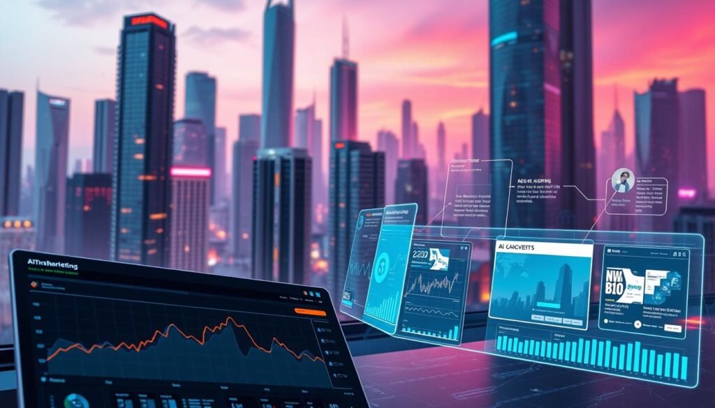 A dynamic and futuristic scene of AI-powered marketing solutions. In the foreground, a sleek and intuitive dashboard displays real-time analytics and campaign performance data. In the middle ground, holographic projections showcase personalized product recommendations and targeted ad placements. The background is a cityscape of towering skyscrapers, with a vibrant, neon-tinged atmosphere that evokes a sense of technological innovation and progress. Soft, directional lighting illuminates the scene, creating depth and dimensionality. The overall mood is one of efficiency, optimization, and the seamless integration of AI into modern marketing strategies.
