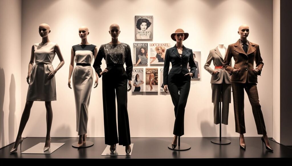 A fashion gallery showcasing iconic style icons, their timeless silhouettes, and signature looks. In the foreground, elegant mannequins adorned in classic designer ensembles from different eras - sleek Audrey Hepburn-inspired shift dresses, bold Cher-esque sparkly jumpsuits, and chic Coco Chanel-style tweed suits. In the middle ground, a curated display of fashion sketches, magazine covers, and vintage photographs capturing the essence of each icon's enduring influence. The background features a minimalist, gallery-like setting with soft, dramatic lighting that casts dramatic shadows, emphasizing the sculptural form of the garments. An atmosphere of sophistication, inspiration, and sartorial excellence pervades the scene.