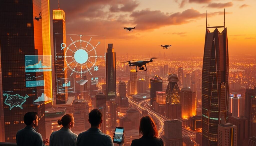 A futuristic cityscape, bathed in a warm, amber glow, with towering skyscrapers and holographic displays showcasing various job market trends driven by the rapid advancements in artificial intelligence. In the foreground, a group of individuals intently examining holographic projections, their faces illuminated by the digital readouts. In the middle ground, autonomous vehicles and drones weave between the buildings, symbolizing the increasing automation of traditional roles. The background is a panoramic view of the horizon, where the skyline merges with a data-rich landscape, hinting at the integration of technology and the job market of the future.