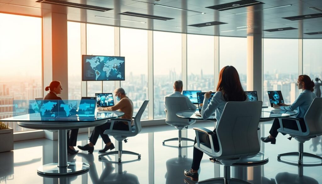 A futuristic office space flooded with natural light, where remote workers collaborate seamlessly across digital interfaces. Holographic projections, sleek hovering desks, and ergonomic smart chairs create an atmosphere of innovation and productivity. In the foreground, professionals engage in virtual meetings, their faces illuminated by the glow of transparent screens. The background features a panoramic view of a bustling metropolis, hinting at the global reach of these next-generation jobs. Warm, diffused lighting and a sense of technological harmony convey the effortless, interconnected nature of this remote work landscape.