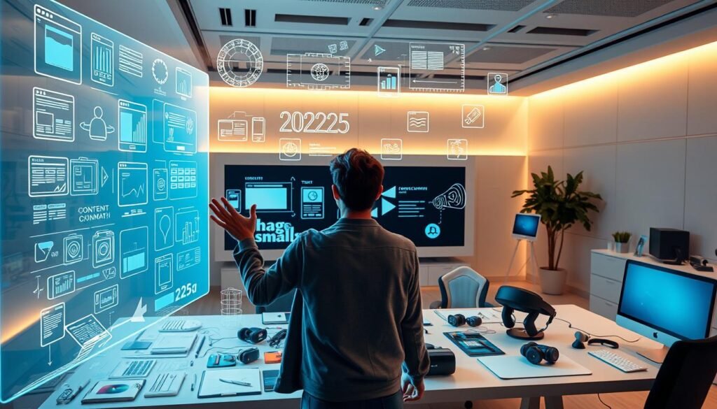 A futuristic office workspace, with a large holographic display showcasing various content creation strategies. In the foreground, a person gestures animatedly, surrounded by a collection of digital tools and wireframes. The middle ground features an array of creative assets, including 3D models, video clips, and virtual reality headsets. The background is a sleek, minimalist environment, bathed in warm, diffused lighting, suggesting the advanced, streamlined nature of content creation in the year 2025.