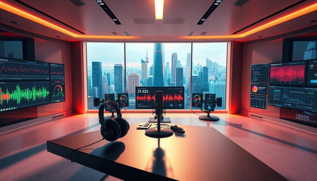 A futuristic podcast studio set against a sleek, minimalist backdrop. In the foreground, a high-end microphone and headphones sit atop a modern, angular desk, casting long shadows under warm, directional lighting. The middle ground features an array of digital screens displaying colorful podcast waveforms, audience metrics, and social media integrations. In the background, a vast, panoramic window overlooks a cityscape of towering skyscrapers and holograms, suggesting the cutting-edge, immersive nature of podcast content in the year 2025.
