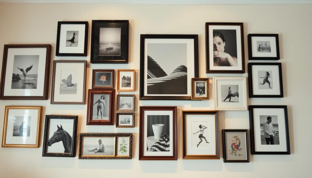 A gallery wall featuring an eclectic mix of framed artwork, photographs, and decorative elements, arranged in a harmonious, minimalist style. The frames range in size, shape, and material, creating visual interest and depth. Subtle lighting from above casts a warm glow, highlighting the textures and details of the pieces. The wall is painted in a soft, neutral color, allowing the artwork to take center stage. The overall impression is one of intentional, personal style, complementing the section's theme of incorporating personal touches without clutter.