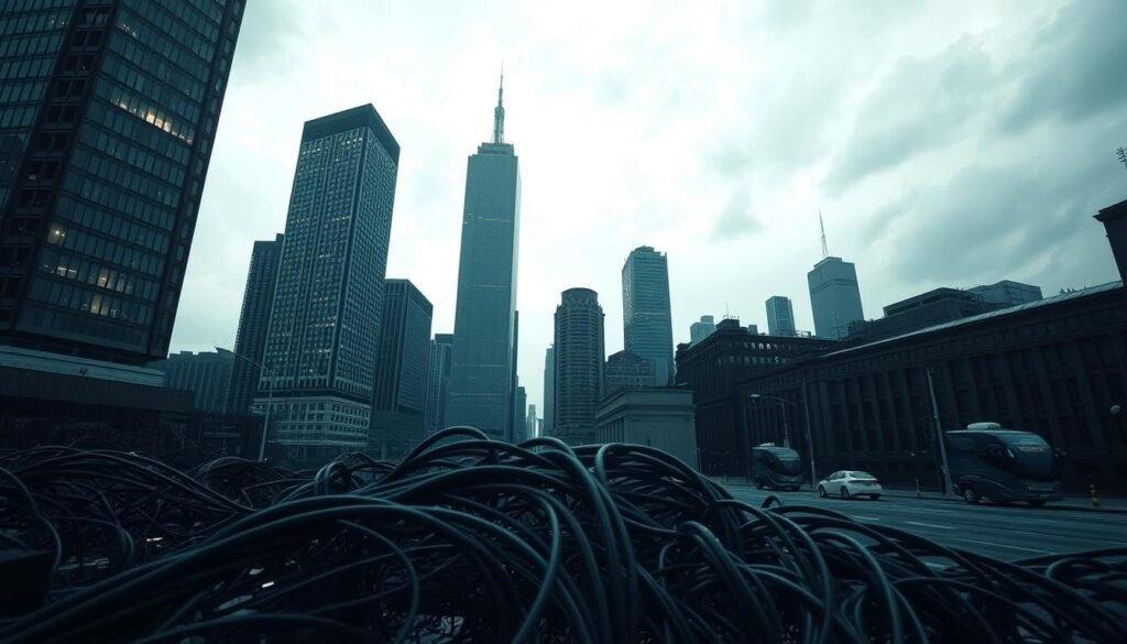 A gloomy cityscape with towering skyscrapers, their windows casting an ominous glow. In the foreground, a maze of tangled wires and circuit boards, representing the complexities and risks of AI-driven investments. The sky is overcast, casting a somber tone, and the streets are empty, conveying a sense of uncertainty. The lighting is low-key, with dramatic shadows emphasizing the foreboding atmosphere. The camera angle is slightly elevated, looking down on the scene, giving the viewer a sense of unease and the weight of the decisions involved in AI investing.