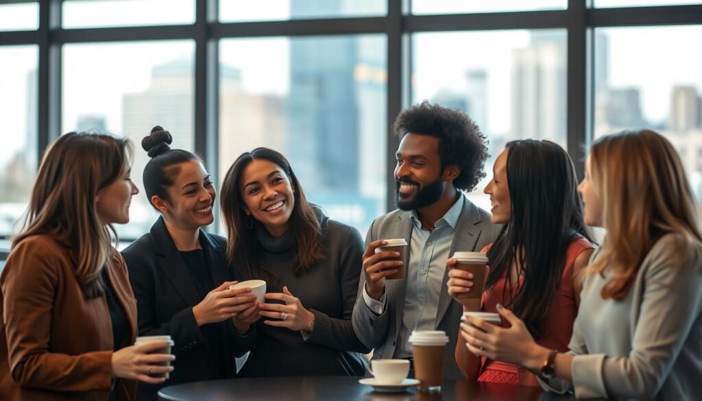 A group of diverse professionals engaged in lively discussion, networking over coffee in a cozy cafe. Soft, warm lighting illuminates their faces as they lean in, exchanging ideas and making connections. In the middle ground, a sense of energy and collaboration radiates from their animated gestures. The background features a blurred city skyline through large windows, evoking a sense of urban possibility and growth. The scene conveys an atmosphere of personal enrichment, intellectual discourse, and the power of human interaction to expand one's horizons.