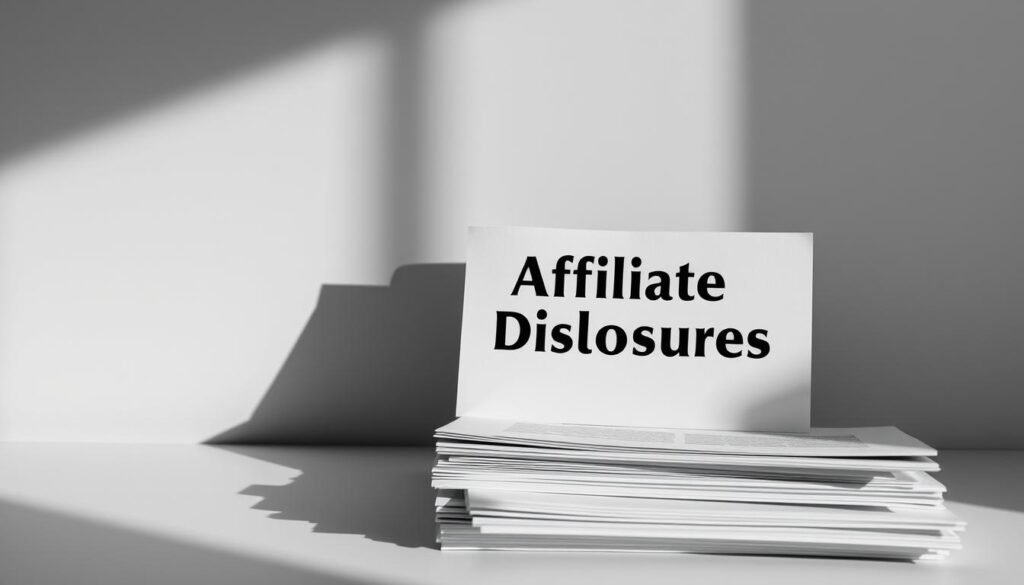 A high-contrast, black-and-white image of legal documents with "Affiliate Disclosures" prominently displayed, set against a clean, minimalist background. The documents have a crisp, official appearance, with neat stacks and clean edges, conveying a sense of importance and attention to detail. Dramatic, directional lighting casts strong shadows, emphasizing the gravitas and weight of the legal requirements. The overall mood is serious, professional, and authoritative, reflecting the gravity of the subject matter.