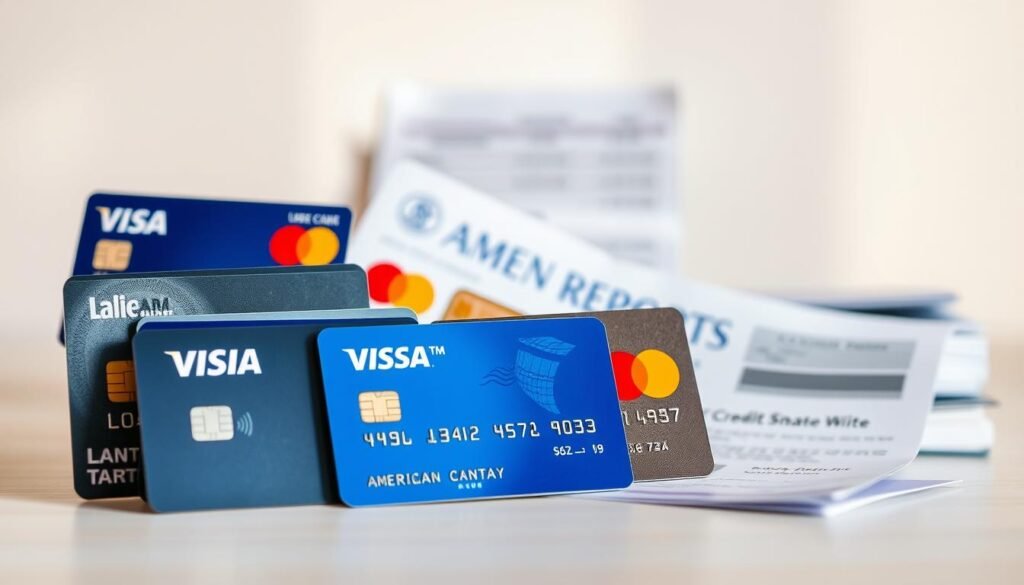 A high-resolution, photorealistic image of various credit account types against a clean, minimalist background. In the foreground, display credit cards of different types (e.g., Visa, Mastercard, American Express) arranged in an aesthetically pleasing layout. In the middle ground, show financial documents such as loan statements, credit reports, and bank statements. In the background, create a soft, blurred effect to draw the viewer's attention to the main subjects. Utilize natural, warm lighting to create a professional, informative atmosphere. Capture the image from a slightly elevated angle to convey a sense of authority and expertise on the topic of credit accounts.