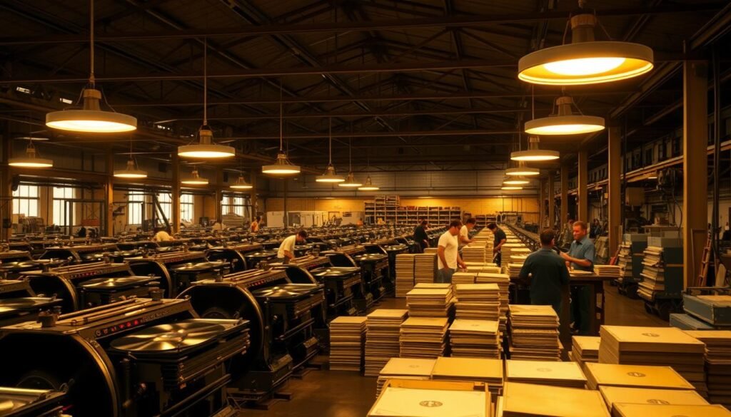 A large, industrial-style factory floor with high ceilings and exposed beams, bathed in warm, golden-hued lighting from overhead lamps. In the foreground, rows of vintage vinyl record presses are in full operation, with workers carefully loading and unloading the heavy platters. The air is filled with the mechanical whirring and hissing sounds of the pressers. In the middle ground, stacks of freshly pressed records are being meticulously inspected and packaged. In the background, a maze of conveyor belts and shelving units house the raw materials and finished products. The overall atmosphere conveys the sense of a well-oiled, nostalgic vinyl production process, capturing the essence of the "Trends Influencing Vinyl Pressing and Production" section.