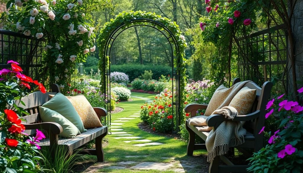 A lush, vibrant spring garden, adorned with a variety of blooming flowers and greenery. In the foreground, a rustic wooden bench is draped with colorful throw pillows and a woven blanket, inviting you to sit and take in the serene atmosphere. In the middle ground, a wrought-iron garden arch is covered in climbing vines, creating a beautiful entryway. Beyond, a gently curving path leads through a border of flowering shrubs and perennials, with dappled sunlight filtering through the trees in the background. The overall scene exudes a sense of warmth, renewal, and tranquility, perfectly capturing the essence of seasonal outdoor updates.
