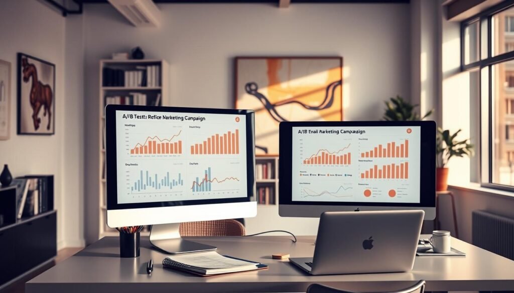 A modern, data-driven office workspace with a clean, minimalist aesthetic. In the foreground, two computer screens display A/B test results for an email marketing campaign, with graphs, charts, and statistics projected in a sleek, high-contrast visual style. In the middle ground, a stylish desk with a laptop, notebook, and a variety of office supplies, all bathed in warm, natural lighting from large windows. The background features a bookshelf filled with relevant business and marketing literature, complemented by abstract wall art that echoes the data visualization theme. The overall atmosphere conveys a sense of analytical focus, technological sophistication, and a commitment to data-driven decision-making.