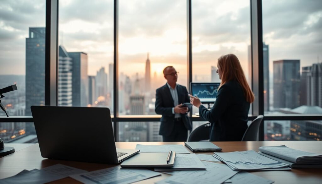 A modern office setting with a large window overlooking a bustling city skyline. In the foreground, a desk with a laptop, tablet, and various financial documents, conveying a sense of digital peer-to-peer lending transactions. The middle ground features two professionals engaged in a discussion, their body language suggesting a collaborative, trust-based interaction. The background is softly lit, creating a warm and inviting atmosphere, with subtle hints of technology and financial data visualization on the computer screens. The overall scene radiates a sense of innovation, connectivity, and the seamless integration of finance and technology.