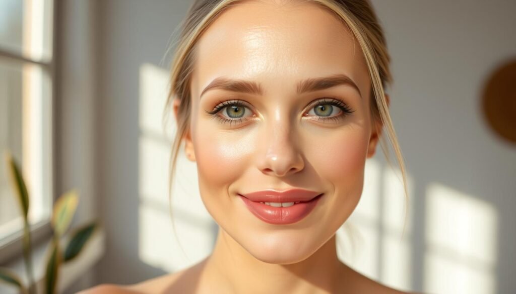 A natural, everyday makeup look with a radiant, glowing complexion. Soft, neutral eyeshadows in muted tones, lightly defined brows, and a touch of mascara to accentuate the lashes. Lips adorned with a sheer, hydrating balm for a healthy, satin finish. Diffused lighting from a large window casts a warm, flattering glow, highlighting the natural beauty. The subject's expression is relaxed and confident, radiating an effortless, approachable charm. A clean, minimal background allows the focus to remain on the subject's carefully curated, natural makeup look.