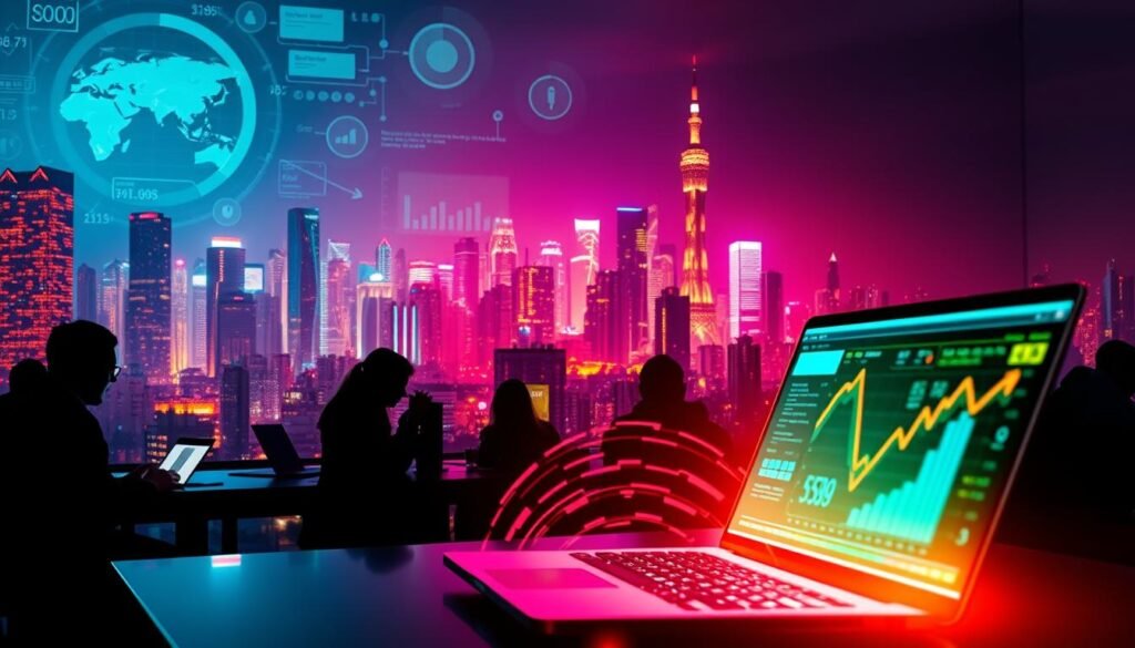 A neon-lit cityscape at night, with a glowing laptop screen hovering in the foreground, surrounded by a swirl of data visualizations, charts, and graphs. In the middle ground, silhouettes of remote workers engage in various online tasks, their faces illuminated by the glow of their devices. In the background, a vibrant skyline of skyscrapers and tech hubs, symbolizing the thriving digital economy. The scene is bathed in a warm, futuristic glow, conveying the sense of opportunity and innovation in the remote work landscape.