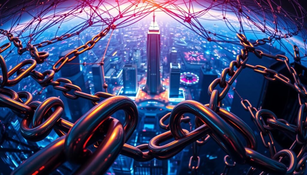 A network of interconnected hyperlinks weaving a tapestry of digital authority. In the foreground, sleek metallic backlinks glisten under a warm spotlight, their intricate patterns suggesting a cyberpunk aesthetic. The middle ground features a towering, futuristic cityscape of skyscrapers and data centers, symbolizing the expansive reach of online influence. In the background, a vibrant gradient of blues and purples evokes a sense of depth and technological sophistication. Crisp shadows, high-contrast lighting, and a slight fisheye lens distortion create a dynamic, cinematic composition that captures the power and allure of backlink-driven SEO strategies.