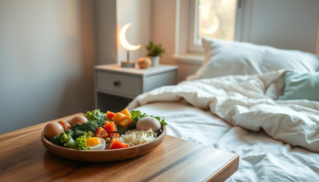 A nourishing meal of whole foods sits on a wooden table, accompanied by a serene, minimalist bedside scene with a plush duvet, nightstand, and a sleepy crescent moon through a window. Natural lighting casts a warm, golden glow, creating a cozy, inviting atmosphere. The composition highlights the connection between a balanced diet and high-quality sleep, conveying the harmony between physical and mental well-being.