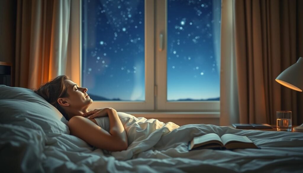 A peaceful bedroom scene, bathed in soft, warm lighting. In the foreground, a serene figure sleeps soundly, their breathing rhythmic and undisturbed. Delicate bedsheets and plush pillows create a cozy, inviting atmosphere. In the middle ground, a nightstand holds a glass of water and a book, symbolizing the importance of rest and relaxation. The background features a tranquil window, revealing a starry night sky, suggesting the natural cycles of the body and the interconnectedness of sleep and overall well-being.