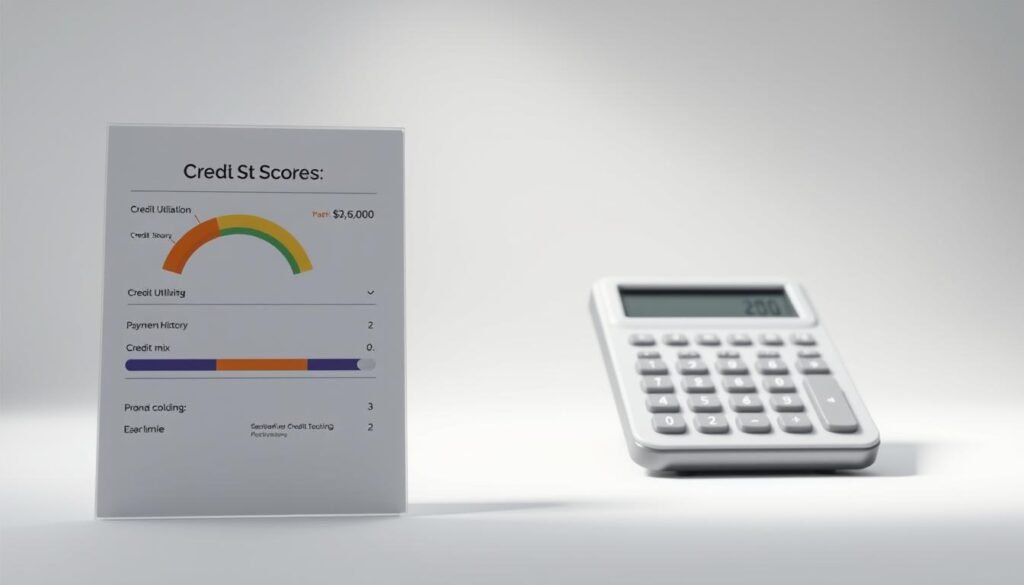A photorealistic rendering of a credit score calculation in a clean, minimalistic style. The foreground depicts a detailed information panel displaying key credit score metrics, including credit utilization, payment history, and credit mix. The middle ground showcases a financial calculator with a neatly organized interface, while the background features a subtle geometric pattern suggesting the complex algorithms behind credit scoring. The lighting is soft and diffused, creating a calm, professional atmosphere. The composition is balanced, with a focus on conveying the technical details of credit score calculation in an intuitive, user-friendly manner.