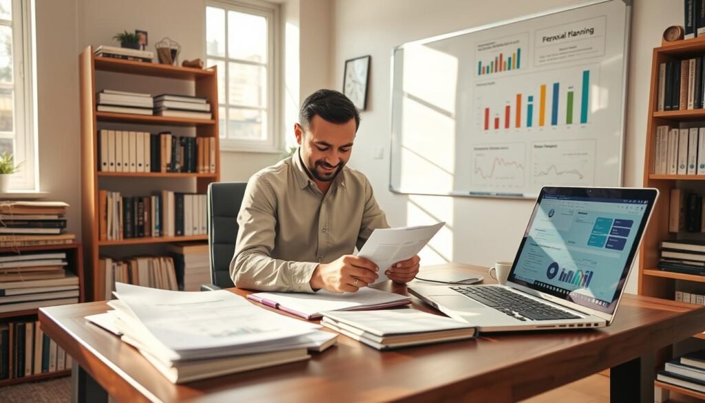 A professional freelance financial planner sits at a wooden desk, meticulously organizing documents and spreadsheets. Sunlight streams through the window, casting a warm glow on the scene. A whiteboard on the wall displays colorful charts and graphs, visually mapping out financial goals and strategies. The planner's laptop is open, with a financial planning software interface visible. Books on personal finance and investment line the shelves, reflecting the depth of knowledge. The atmosphere is one of focus, expertise, and a commitment to helping individuals achieve their financial dreams.