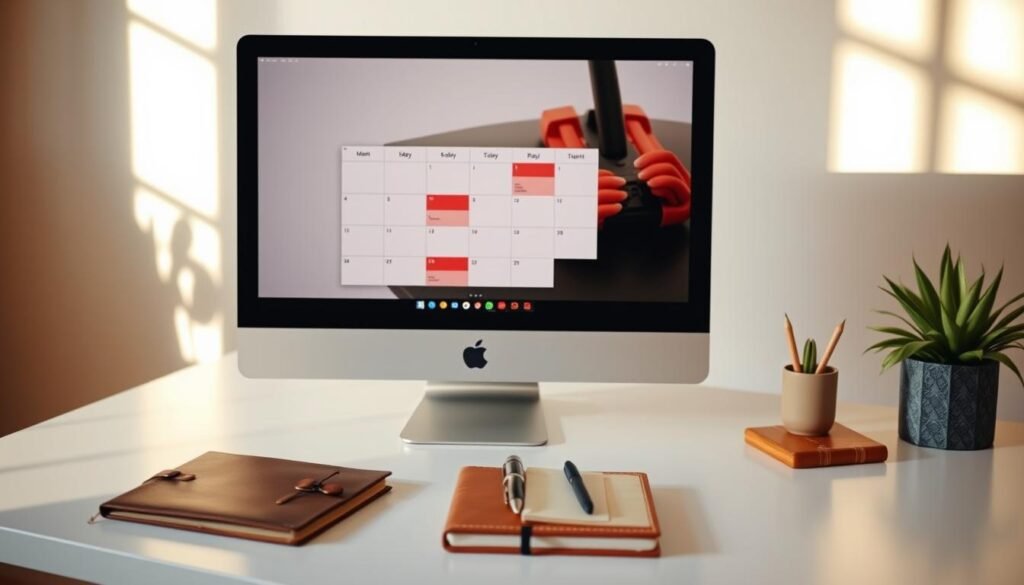 A professional-looking video content calendar displayed on a sleek, minimalist desk setup. In the foreground, a modern desktop computer with a clean, distraction-free display showcasing a digital calendar app. In the middle ground, a leather-bound notebook and a few well-placed accessories like a stylish pen holder and a potted plant, creating a polished, organized work environment. The background features a soft, neutral-toned wall, allowing the calendar and desk setup to take center stage. Warm, directional lighting from a nearby window casts a natural glow, highlighting the calendar's clarity and the desk's elegant simplicity. The overall atmosphere conveys a sense of productivity, focus, and effortless content planning.