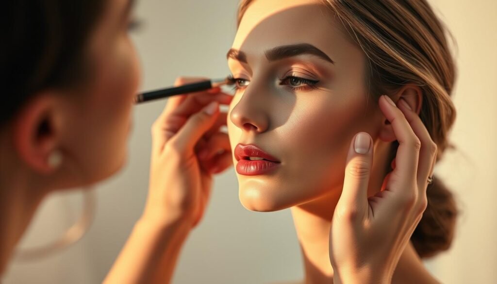 A professional makeup artist demonstrates precise contouring and highlighting techniques on a model's face, accentuating her delicate features. The subject is lit by soft, warm lighting from the side, casting subtle shadows that sculpt the cheekbones, jawline, and nose. The model's skin appears luminous and radiant, with strategically placed highlights drawing attention to the high points of her face. The background is a minimalist studio setting, allowing the focus to remain on the intricate makeup application. The overall mood is elegant, refined, and showcases the transformative power of contouring for a flawless, camera-ready look.