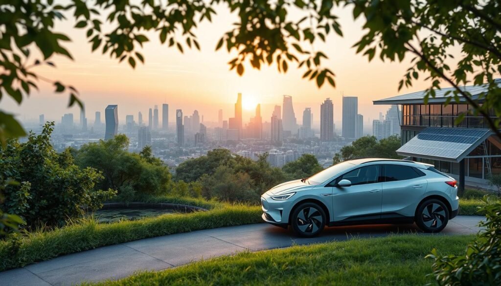 A serene, futuristic scene of eco-friendly technology. In the foreground, a sleek, solar-powered electric vehicle glides silently along a winding path. Lush, verdant foliage and a tranquil pond create a natural backdrop, reflecting the vehicle's clean lines. In the middle ground, a network of interconnected smart home devices adorns a modern, energy-efficient dwelling, its facade covered in solar panels. The background showcases a sprawling cityscape with towering skyscrapers, their windows gleaming in the soft, diffused lighting of a golden hour sunset. The overall atmosphere is one of harmony between technology and nature, a vision of a sustainable future.